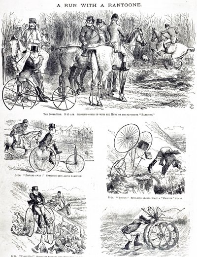 Een cartoon van een man die jaagt op een driewieler door John Tenniel
