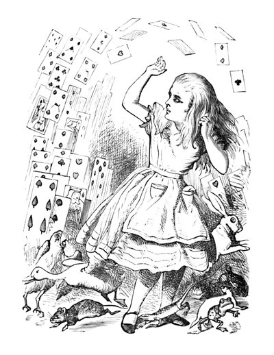 Een pak kaarten vliegt over Alice, 1889 door John Tenniel