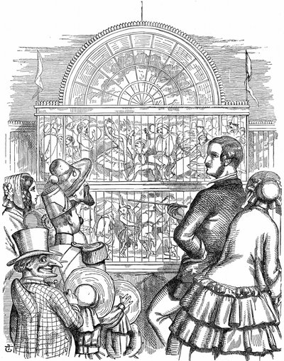 Albert, Prins-gemaal van Koningin Victoria, toont het Crystal Palace en de Grote Tentoonstelling in Hyde Park, Londen. John Tenniel cartoon uit Punch Londen 1851. Houtsnede door John Tenniel