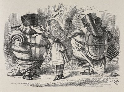 Alice kleedt Tweedledee en Tweedledum aan door John Tenniel