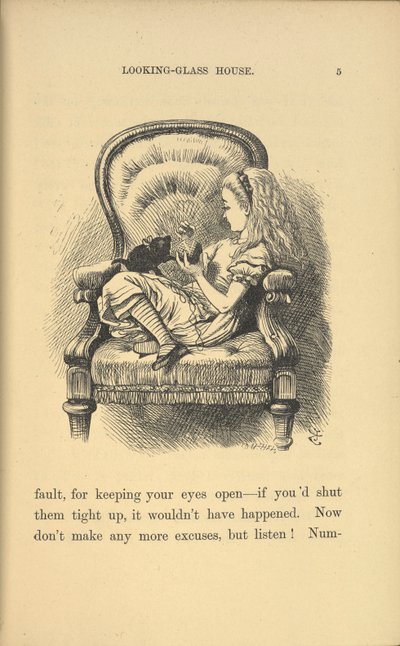 Alice zit in een stoel en speelt met een kitten door John Tenniel