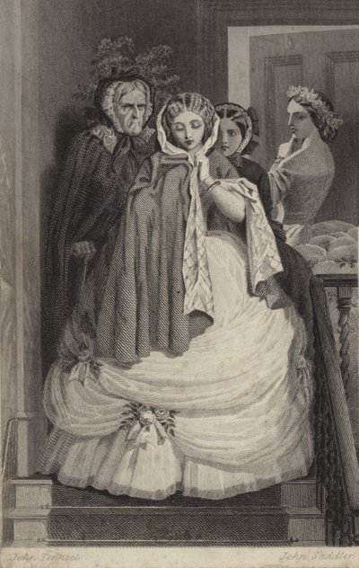 Mooi meisje, gekleed voor feest, daalt de trap af door John Tenniel