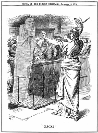 Britannia houdt cholera tegen in Britse havens. Bij de uitbraak van 1892 stierven ongeveer 260.000 mensen in Rusland en 7.600 in Hamburg. De epidemie werd in Groot-Brittannië voorkomen. John Tenniel cartoon uit Punch Londen 10 september 1892. door John Tenniel