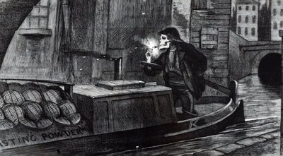 Campagnecartoon door John Tenniel die suggereert dat het Parlement veiligheidsvoorschriften moet invoeren voor de behandeling en het transport van explosieven na de vernietiging van een schuit met buskruit op het Regent