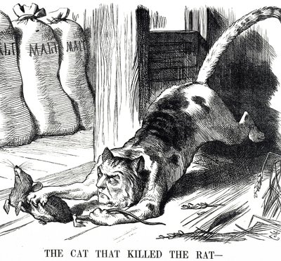 Cartoon die commentaar geeft op de afschaffing van de moutbelasting in 1880 door John Tenniel