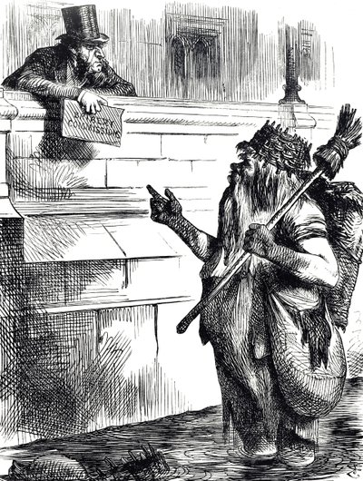 Cartoon die commentaar geeft op de vuilheid van de Theems en de onderzoeken naar omkoping tijdens verkiezingen in Great Yarmouth, Reigate en Lancaster door John Tenniel