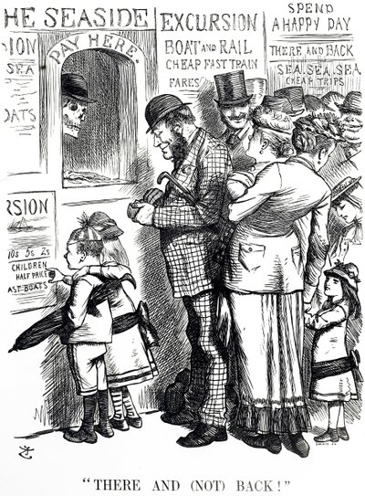 Cartoon over de frequentie van ongevallen op overvolle excursietreinen door John Tenniel