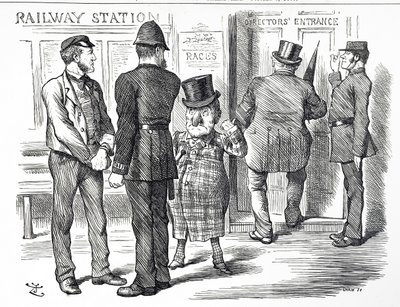 Cartoon over de oproepen om een bloksignaalsysteem verplicht te stellen op de Britse spoorwegen door John Tenniel