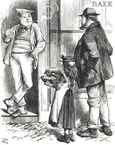 Cartoon over de beperkte kookfaciliteiten in arme huizen waar vaak geen oven was door John Tenniel