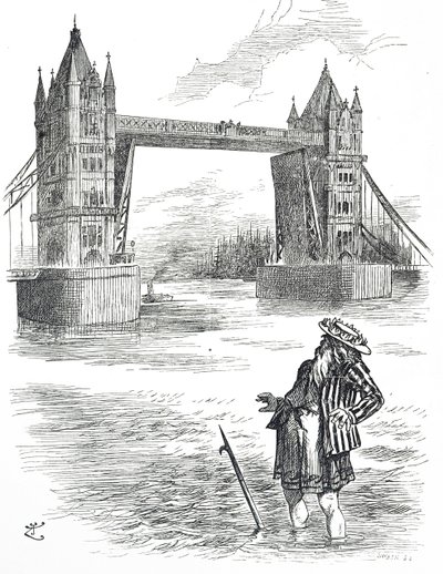 Cartoon van Father Thames die de Tower Bridge bewondert, Londen door John Tenniel