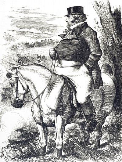 Cartoon van John Bull die de herfstmanoeuvres bekijkt door John Tenniel