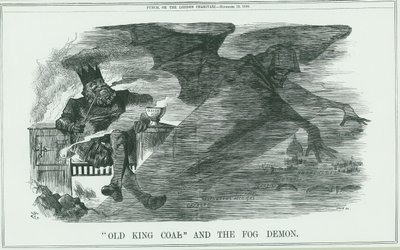 Effecten van het verbranden van Oude Koning Kolen op Londen. De mist veroorzaakte astma, bronchitis, longontsteking, pleuritis, enz. John Tenniel cartoon uit Punch, Londen door John Tenniel