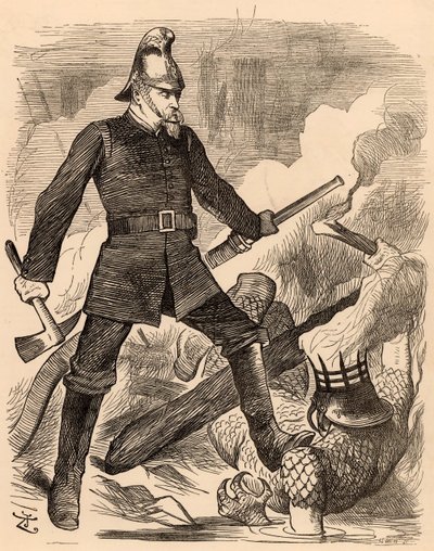 Eyre Massey Shaw vecht tegen vuur, uit "Punch" Londen, 20 augustus 1887 door John Tenniel