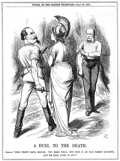 Frans-Duitse Oorlog 1870-1871: Britannia probeert Napoleon III te weerhouden van oorlog met Duitsland. Franse oorlogsverklaring afgeleverd in Berlijn op 19 juli, proclamatie op 23 juli. John Tenniel cartoon uit Punch, Londen, 23 juli 1870. Gravure door John Tenniel