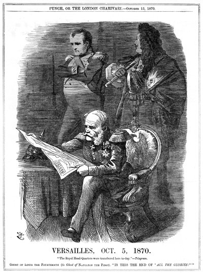 Frans-Pruisische Oorlog 1870-1871: Schimmen van Lodewijk XIV en Napoleon I betreuren de vervaging van de glorie van Frankrijk. Op 5 oktober 1870 maakte Wilhelm I, koning van Pruisen, Versailles zijn hoofdkwartier, en op 18 januari werd hij uitgeroepen tot  door John Tenniel