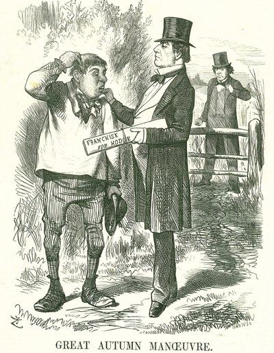Grote herfstmanoeuvre: Gladstone dacht dat uiteindelijk het stemrecht aan landarbeiders (Hodge) moest worden gegeven. Op dat moment was zijn premierschap wankel en wachtte Disraeli om zijn plaats in te nemen. John Tenniel cartoon uit Punch, Londen, 9 augus door John Tenniel