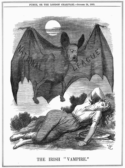 Ierse Nationale Liga, met het gezicht van Charles Stewart Parnell (1846-1891), afgebeeld als een vampier die zich voedt met Ierland. John Tenniel cartoon uit Punch Londen, 24 oktober 1885. Gravure door John Tenniel