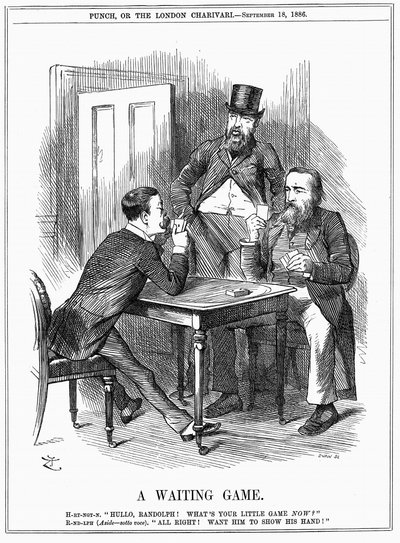 Lord Randolph Churchill (links) probeert Charles Stewart Parnell, Ierse politicus, zijn hand te laten zien en Churchill en Hartington te laten weten hoe hij de Parnellistische stemmen die hij in het Lagerhuis beheert, zal gebruiken. John Tenniel cartoon ui door John Tenniel