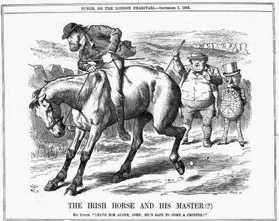 Mr Punch vertelt John Bull om Charles Stewart Parnell te negeren, omdat hij zeker zal falen met het Ierse paard. John Tenniel cartoon uit Punch, Londen, 5 september 1885 (gravure) door John Tenniel