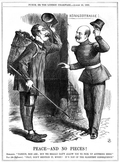 Napoleon III, Franse keizer 1852-1870, verkleed als voddenraper (Chiffonnier), gewaarschuwd door Otto von Bismarck, de Pruisische kanselier. Napoleons territoriale ambities leidden tot de Frans-Pruisische Oorlog van 1870-71. John Tenniel cartoon uit Punch, door John Tenniel