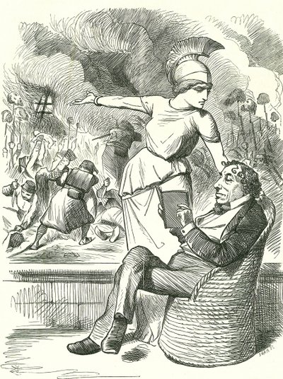Neutraliteit onder Moeilijkheden: Benjamin Disraeli, Britse conservatieve premier, weigert actie te ondernemen over de Russisch-Turkse Oorlog. John Tenniel cartoon uit 