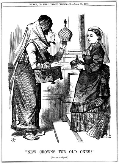 Nieuwe kronen voor oude!, Benjamin Disraeli biedt de kroon van India aan koningin Victoria, 1876 door John Tenniel