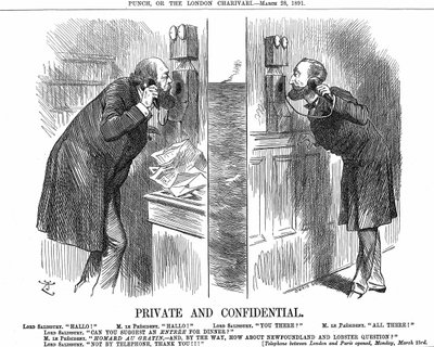 Opening van de Anglo-Franse telefoonlijn. De Britse premier (Lord Salisbury) in gesprek met de Franse president (Sadi Carnot). John Tenniel cartoon uit Punch, Londen 28 maart 1891. Houtsnede. door John Tenniel