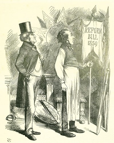 Politieke Economie: Hervorming van het Parlement - uitbreiding van het kiesrecht. Disraeli (kanselier) en Derby (premier) stofzuigen de Hervormingswet af. In 1867 introduceerde Disraeli een nieuwe wet. John Tenniel cartoon uit Punch, Londen door John Tenniel