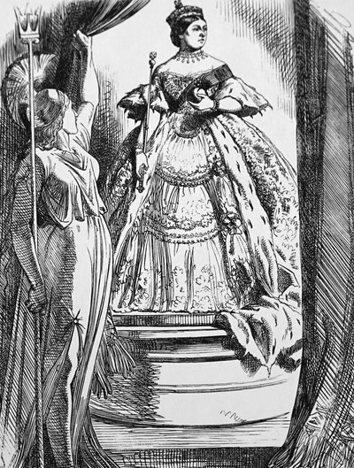 Koningin Victoria wordt door Britannia aangespoord om terug te keren naar de wereld na haar lange rouwperiode door John Tenniel