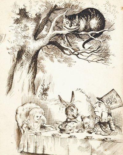 Scène uit Het Theekransje van de Gekke Hoedenmaker, ca. 1865 door John Tenniel