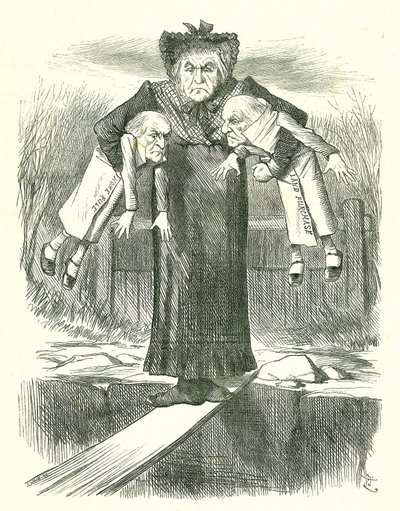 Set Down Two, and Carry One?: Gladstone, de Britse premier, in een dilemma over welke van de controversiële Ierse wetsvoorstellen hij moet laten vallen. John Tenniel cartoon uit Punch, Londen, 3 april 1886 door John Tenniel