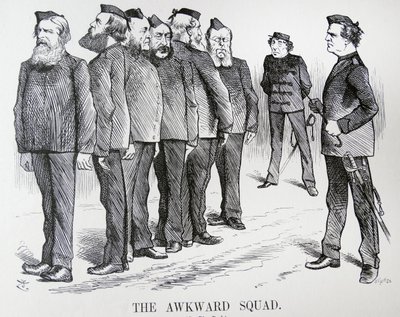 THE AWKWARD SQUAD. John Tenniel cartoon. De moeilijkheden die Disraeli had met verschillende meningen in zijn kabinet over beleid inzake de Russisch/Turkse oorlog door John Tenniel