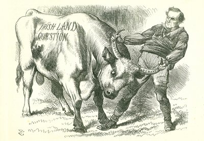 De (Ierse) stier bij de horens vatten: Wet aangenomen door het parlement op 15 februari 1870 en kreeg koninklijke goedkeuring op 8 juli. William Gladstone, premier, behandelt de kwestie. John Tenniel cartoon uit Punch, Londen, 26 februari 1870. door John Tenniel