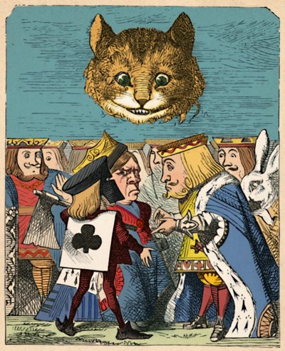 De Cheshire Cat kijkt neer op de Rode Koning en Koningin die ruzie maken, 1889 door John Tenniel