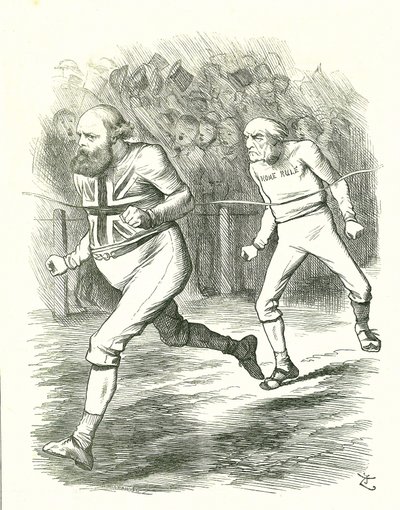 De Finish: Algemene Verkiezingen 1886. Gladstone (Liberaal) ging naar het land over zijn Home Rule voor Ierland wetsvoorstel. Salisbury (Conservatieve oppositie) verslaat Gladstone bij de finish. John Tenniel cartoon uit Punch, Londen door John Tenniel