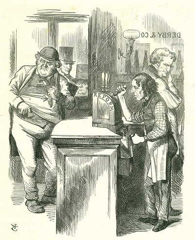 De Eerlijke Potjongen: Hervorming van het Parlement - uitbreiding van het kiesrecht. Disraeli serveert hervorming aan John Bull, gadegeslagen door zijn parlementaire oppositie. Hij introduceerde en voerde zijn Hervormingswet in. Tenniel cartoon uit Punch,  door John Tenniel