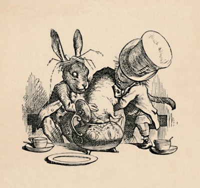 De Gekke Hoedenmaker en Maartse Haas proberen de Zevenslaper in een theepot te stoppen, 1889 door John Tenniel