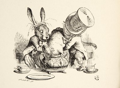 De Gekke Hoedenmaker en de Maartse Haas stoppen de Zevenslaper in de Theepot, uit Alice