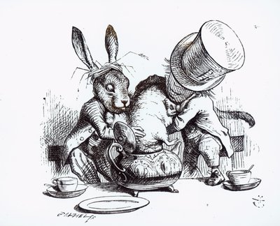 De Gekke Hoedenmaker en de Maartse Haas stoppen de Zevenslaper in de theepot, illustratie uit 