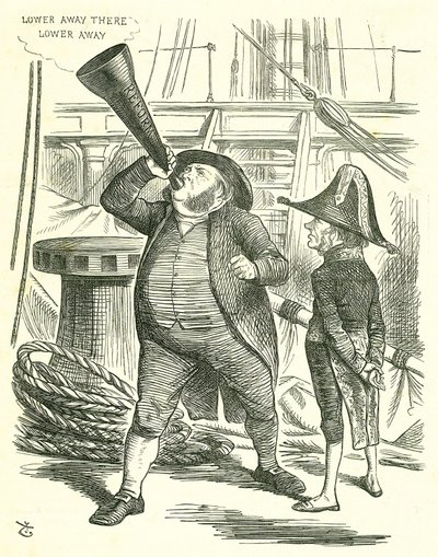 De Opdringerige Passagier: Hervorming van het Parlement - uitbreiding van het kiesrecht. De premier, Lord John Russell, vraagt John Bright om te stoppen met het verkondigen van de Hervormingswet. Russell verslagen door het Parlement over de Hervormingswet  door John Tenniel