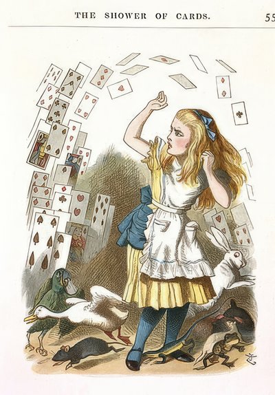 De stortvloed van kaarten. Illustratie voor Alice in Wonderland van Lewis Carroll door John Tenniel