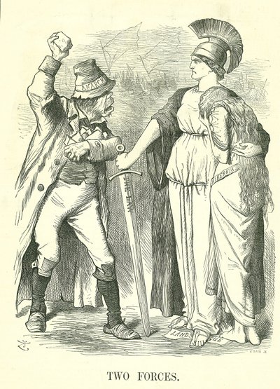 Twee Krachten: Ierse Land Liga verboden. Britannia beschermt Hibernia (Ierland) met de Kracht van de Wet tegen de Kracht van Anarchie. John Tenniel cartoon uit Punch, Londen, 29 oktober 1881. door John Tenniel