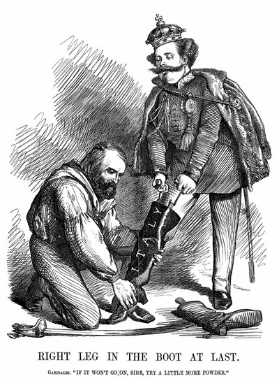 Eenwording van Italië: Giuseppe Garibaldi helpt Victor Emmanuel II de laars van Italië aan te trekken. John Tenniel cartoon uit Punch, Londen door John Tenniel