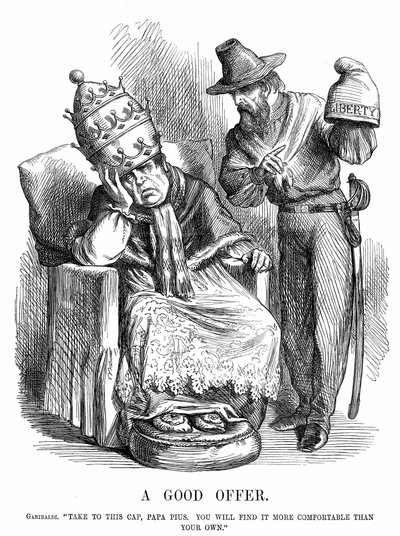 Eenwording van Italië: Giuseppe Garibaldi (180718-82) probeert paus Pius IX te overtuigen dat de Vrijheidsmuts veel comfortabeler zou zijn dan de pauselijke kroon. John Tenniel cartoon uit Punch, Londen, 29 september 1860. Houtsnede. door John Tenniel