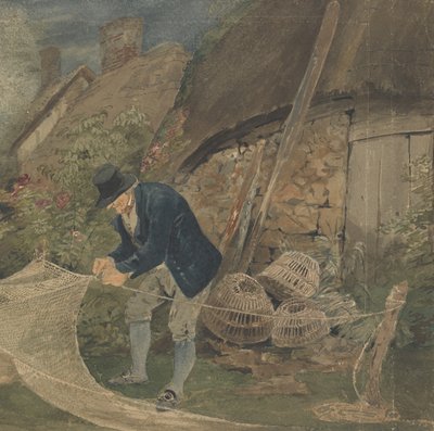 Een oude visser repareert netten met een huisje op de achtergrond door John Thirtle