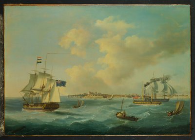 Een 44-kanons fregat, een passagierspeddelstoomboot en andere schepen bij St. Peter Port, Guernsey door John Thomas Serres