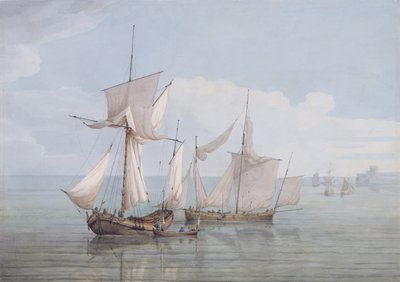 Een Hoy en een Lugger met andere schepen op een kalme zee door John Thomas Serres