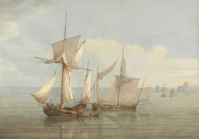 Een Hoy en een Lugger met andere schepen op een kalme zee door John Thomas Serres