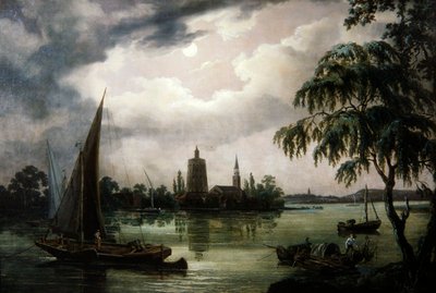 Een maanverlicht uitzicht op de Theems vanuit Chelsea door John Thomas Serres