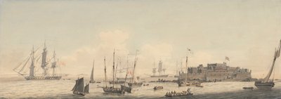 Zicht op Kasteel Cornet, Guernsey, Kanaaleilanden, met Schepen door John Thomas Serres